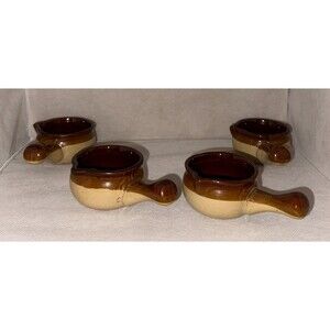 (4) VTG Golden Brown Pottery Stoneware Covered Lid & Handles Soup & Chili Bowls
